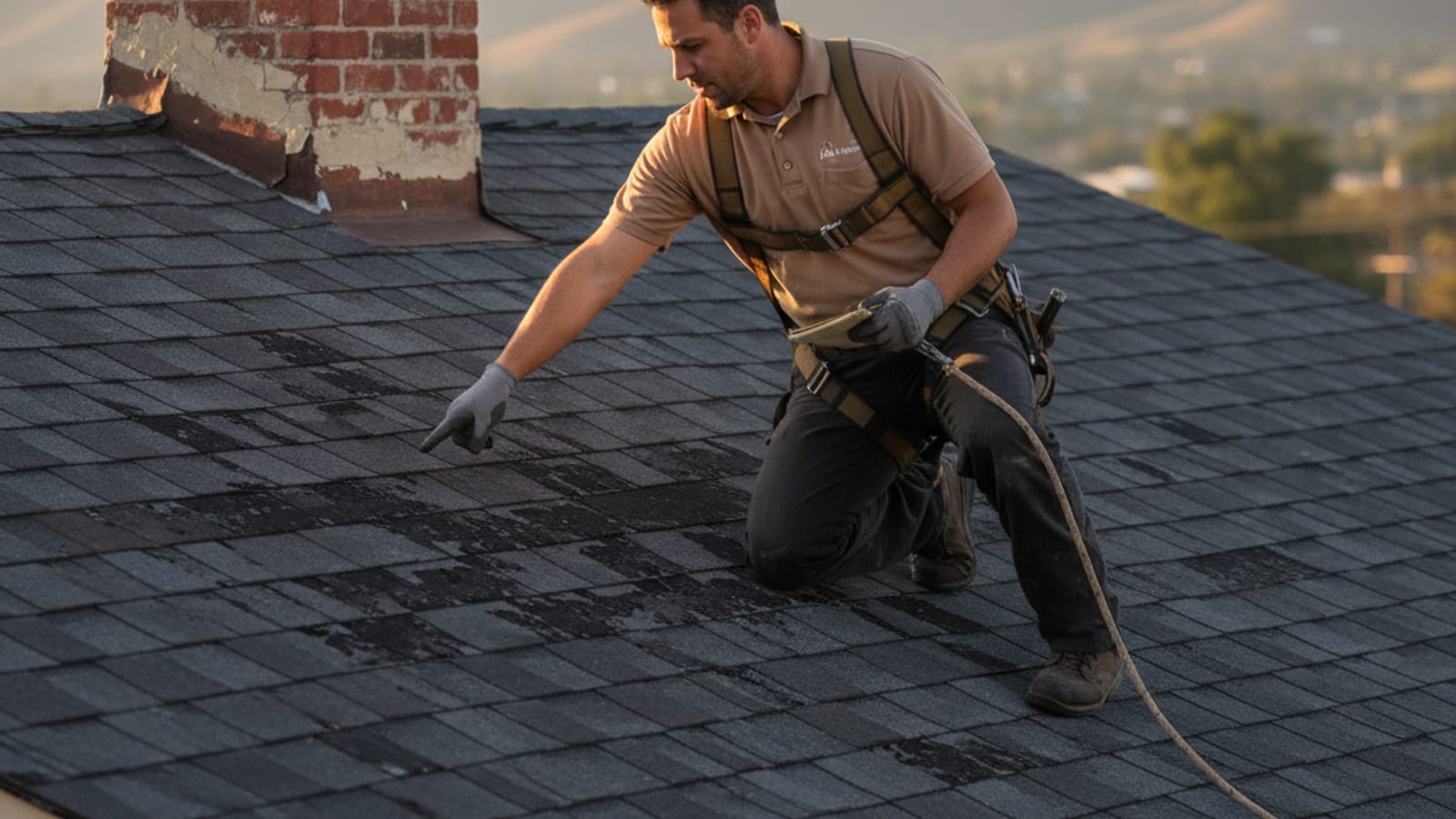 Roofing contractor in a clay-tan polo inspecting the concrete tile roof of a mid-century La Mesa home with canyon landscape visible in the background