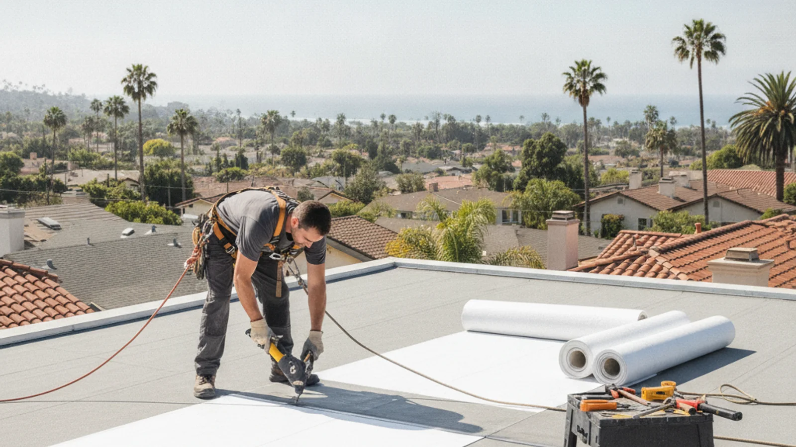 A building owner reviewing roof system documents on a low-slope membrane roof with drains and rooftop equipment visible