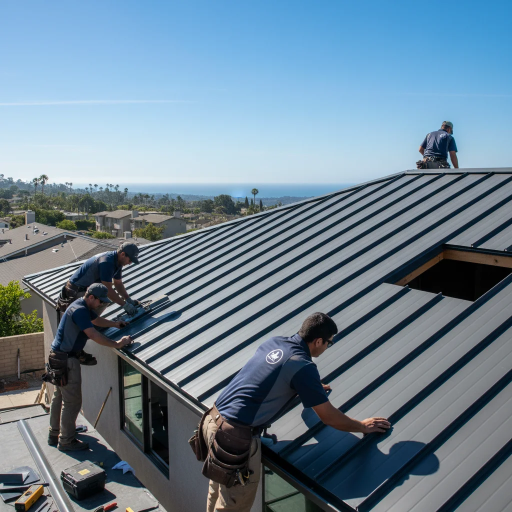 Standing-seam metal roof installation in progress on a San Diego home with charcoal panels and ocean visible in the distance