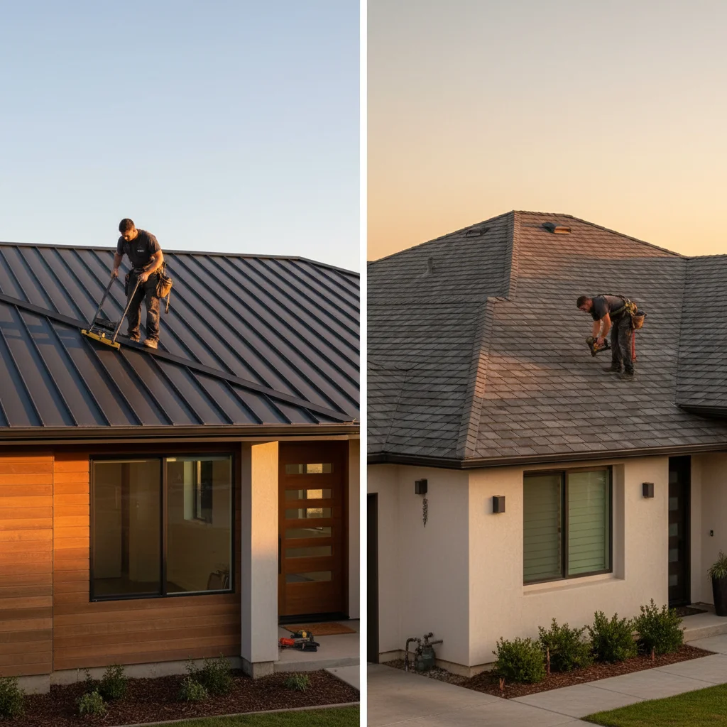 Split image: a San Diego home with a charcoal standing seam metal roof on the left, a similar home with architectural asphalt shingles on the right.