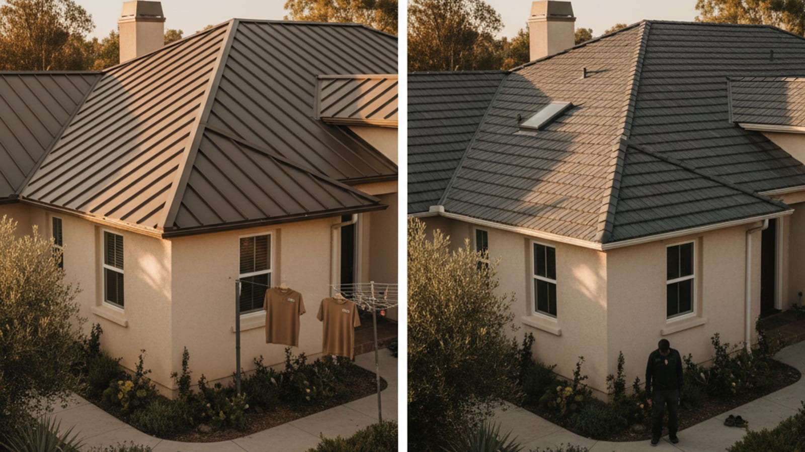 Side-by-side comparison showing a modern standing seam metal roof on a San Diego home beside an architectural shingle roof on a similar home