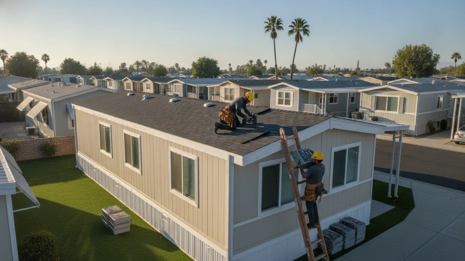 Dos techadores instalando un nuevo roof-over inclinado sobre una casa móvil de un piso en un parque de casas móviles soleado de San Diego.