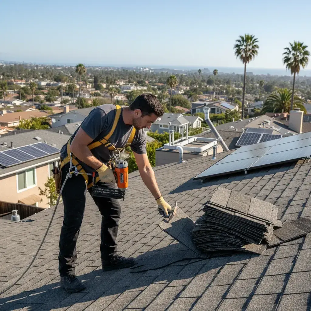Roofing crew tearing off old shingles in San Diego, exposing plywood decking and rafters for inspection before reroof
