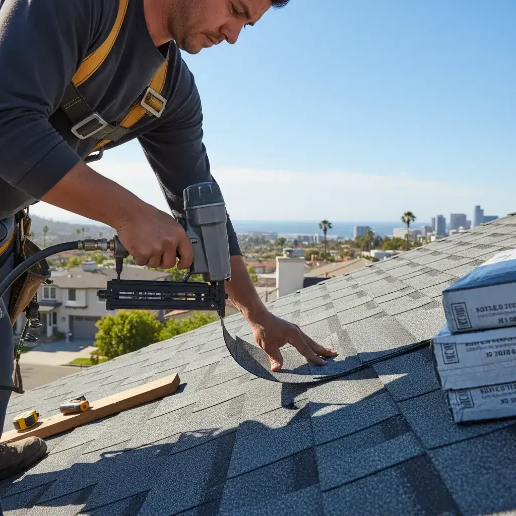 Roofing materials laid out on a San Diego driveway: architectural shingles, concrete tile, and a roll of underlayment beside a dump trailer.