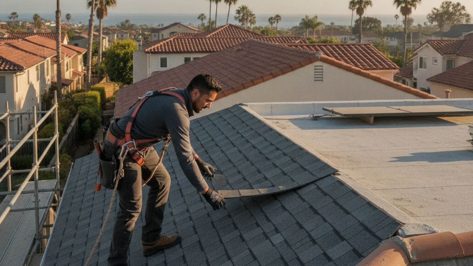 A roofing crew installing Owens Corning Duration shingles on a coastal San Diego home with a view of the neighborhood rooftops below, photorealistic