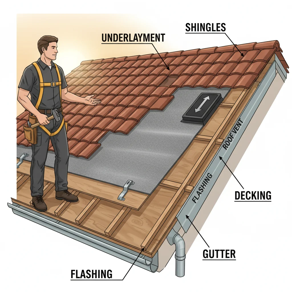 Cutaway illustration of a residential roof with parts like decking, underlayment, and flashing labeled.