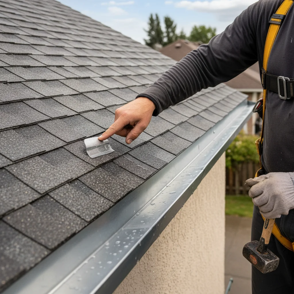 A roofer pointing to step flashing where a shingle roof meets a wall.