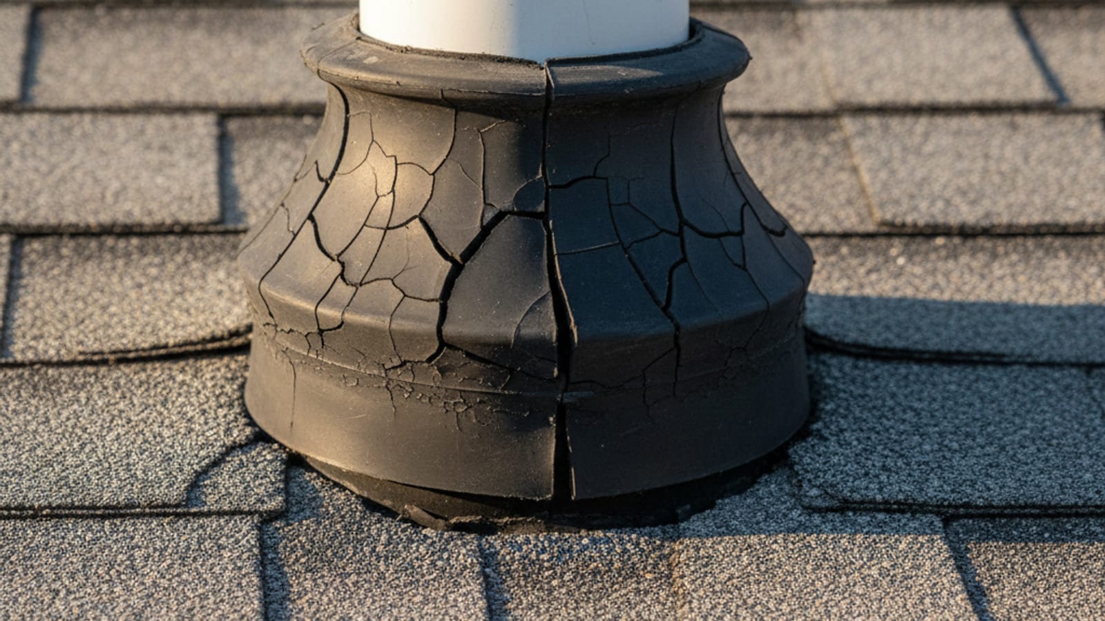 Close-up of a cracked rubber pipe boot on a residential roof showing the visibly split rubber gasket around the plumbing vent pipe