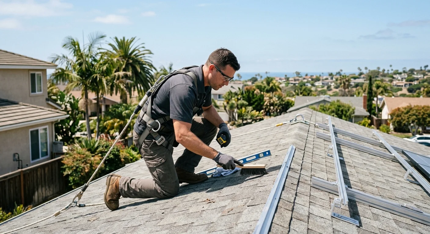 Roofing professionals inspecting a San Diego home's roof before solar panel installation