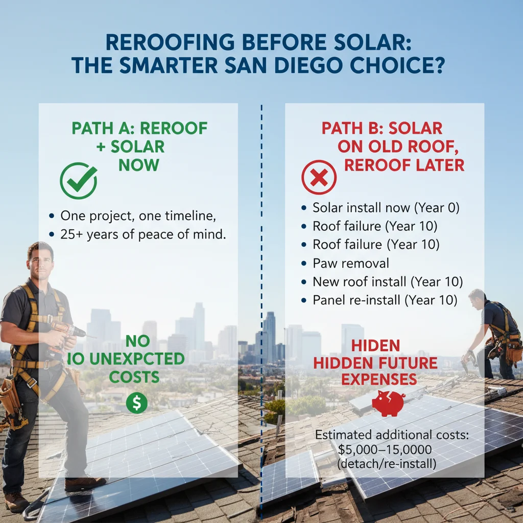 Infographic comparing costs and benefits of reroofing before solar vs. installing solar on an old roof in San Diego.