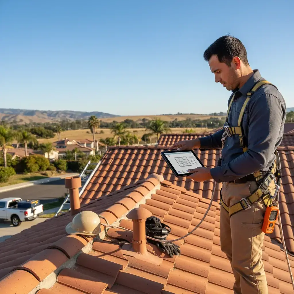 A public adjuster documenting roof damage on a San Diego home for an insurance claim, taking measurements and photos for the carrier negotiation