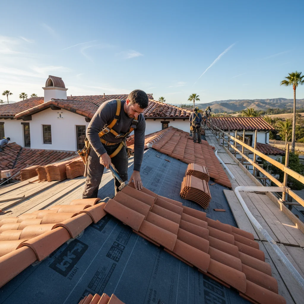 Professional roofing crew installing high-end clay tiles on a large estate in Rancho Santa Fe.