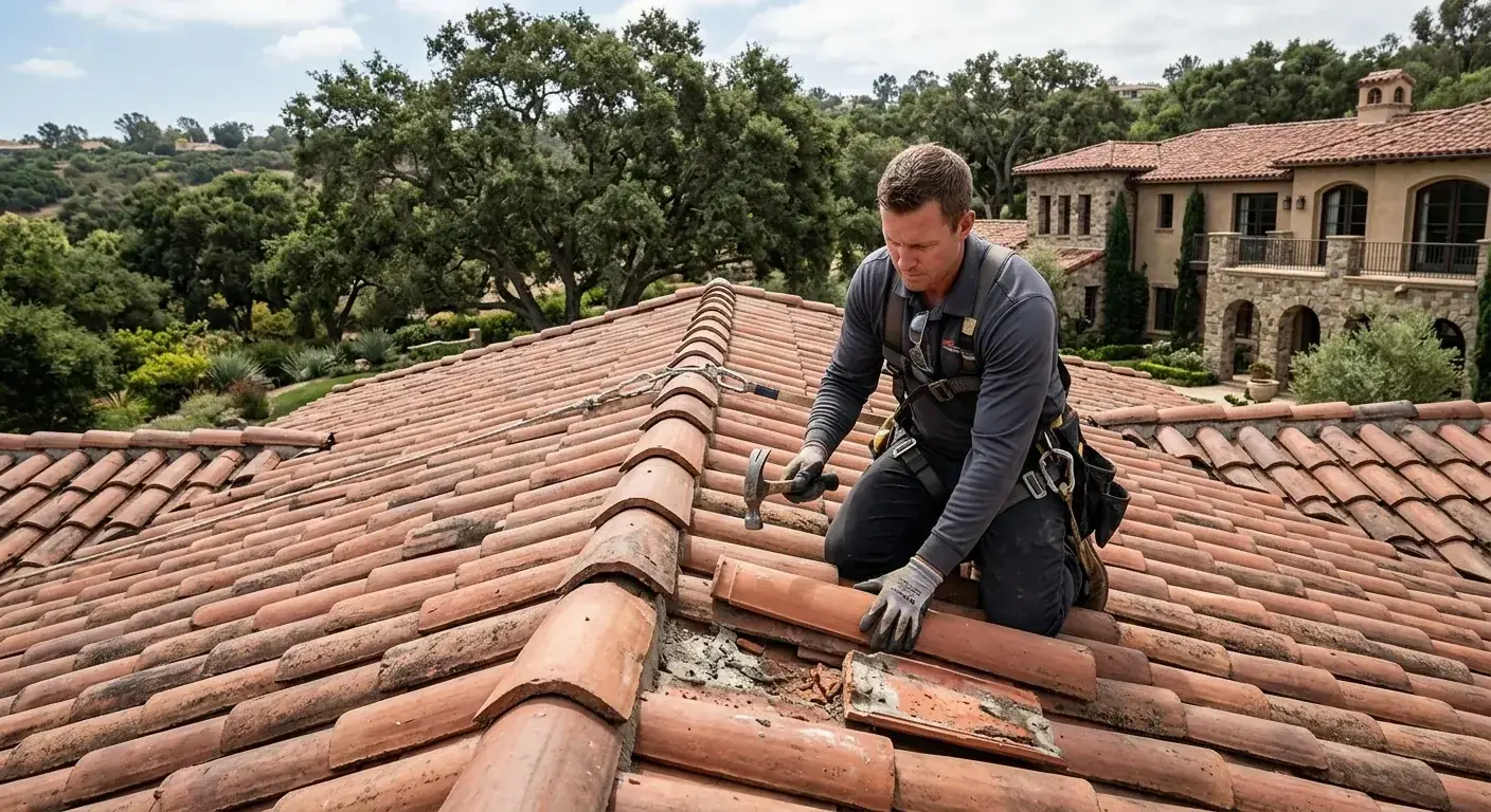 A red Spanish tile roof on a Rancho Santa Fe estate with a roofer carefully replacing a cracked tile near the ridge, mature oaks in the background