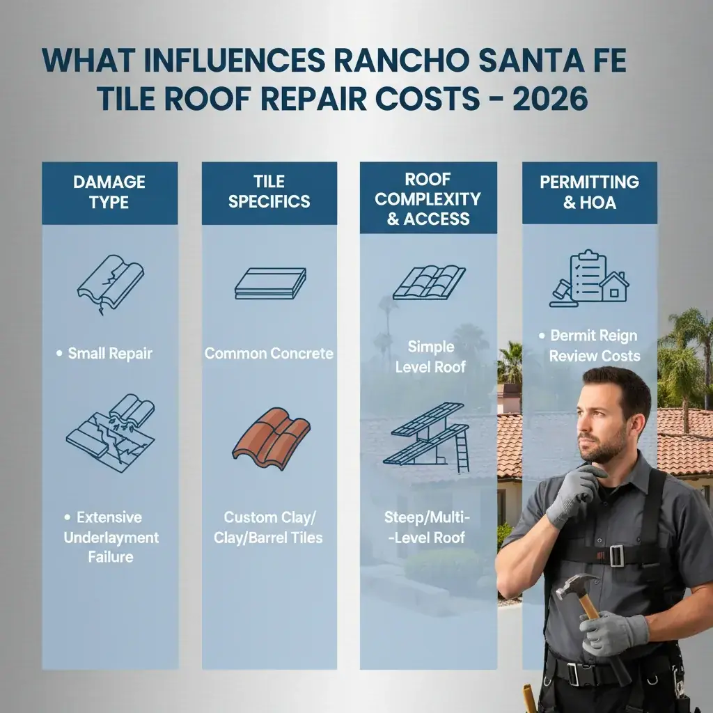 Infographic detailing the factors influencing tile roof repair costs in Rancho Santa Fe, including damage type, tile type, access, and permits.