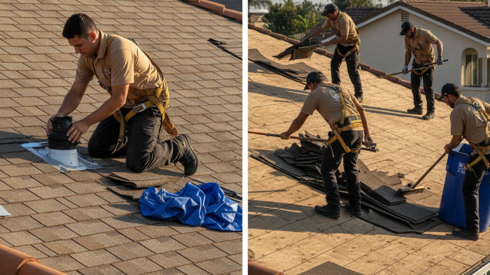 Split-view of a roofer doing a targeted flashing repair on one side and a full tear-off replacement in progress on the other side of a San Diego home