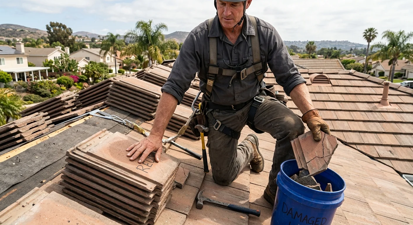 A roofer sorting concrete roof tiles for possible reuse on a San Diego County home