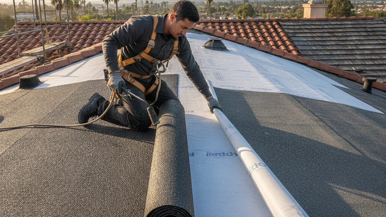Rolled roofing and peel-and-stick membrane samples laid side by side on a low-slope patio roof deck