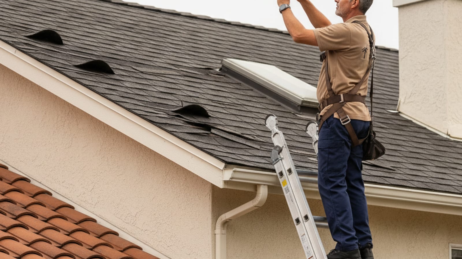 Homeowner photographing storm-damaged roof shingles with a smartphone in overcast San Diego weather, with a clipboard and insurance documents visible below