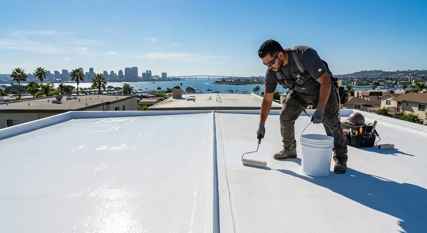 A San Diego roofer applying silicone roof coating to a flat commercial roof in Kearny Mesa, with the spray rig and roller visible on the freshly cleaned membrane