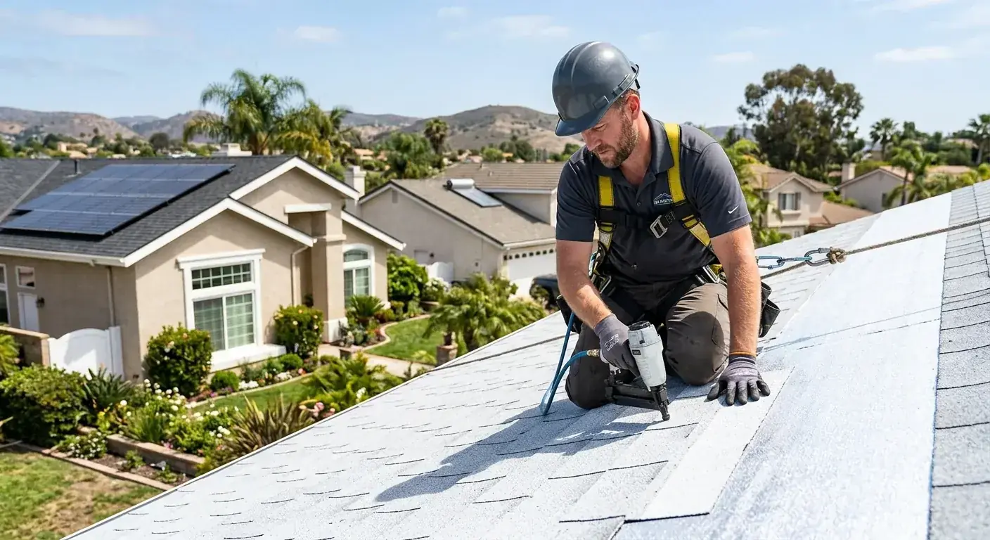 A roof color sample fan showing the range from cool whites and grays to dark charcoal with cool-roof reflectance ratings noted for each on a San Diego project