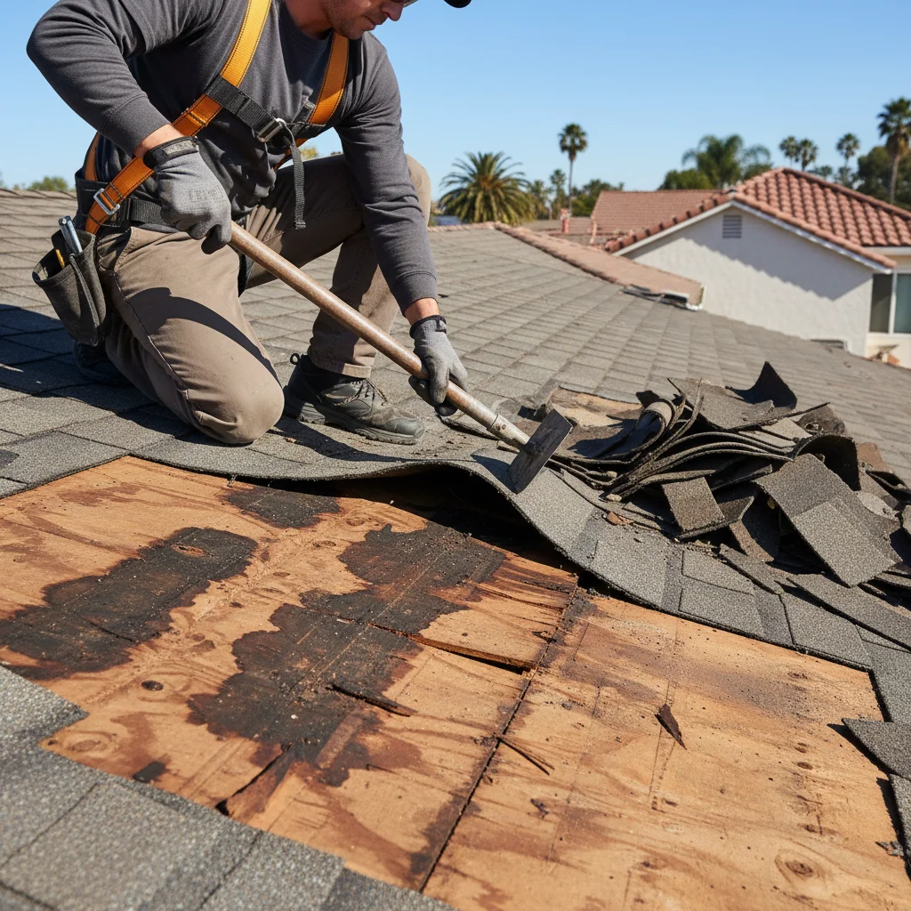A roofer tearing off old shingles, revealing water-damaged and rotted plywood roof decking on a San Diego home.