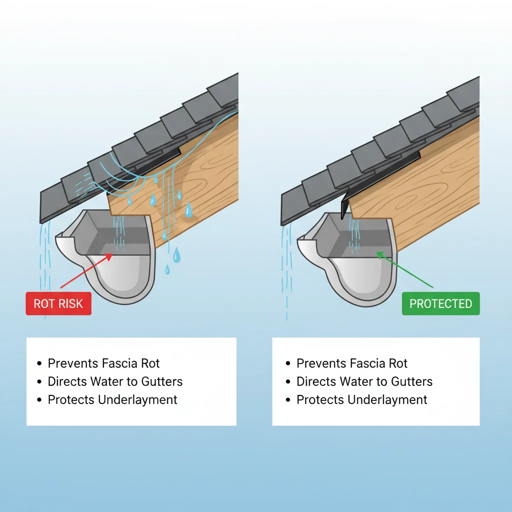 Infographic illustrating proper drip edge installation on eaves and rakes, showing water flow protection