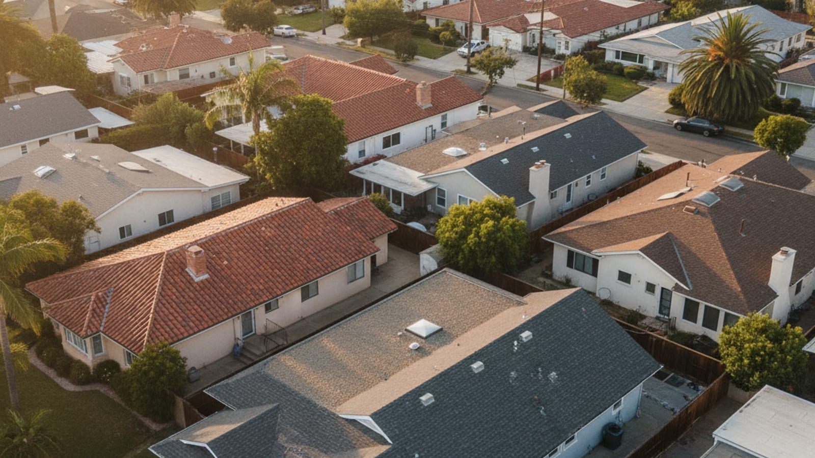 Close-up of an aged asphalt shingle roof in San Diego showing UV granule loss, curling edges, and a deteriorated pipe boot flashing against a blue sky