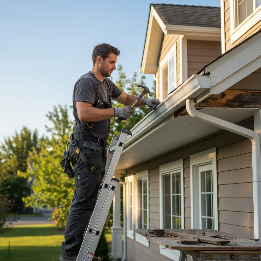 Roofer replacing a section of rotted fascia board with new white-painted wood.