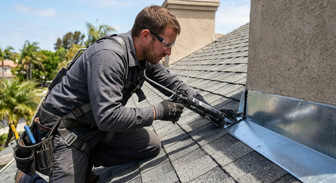 A close-up of a roofer applying sealant around newly installed metal step flashi