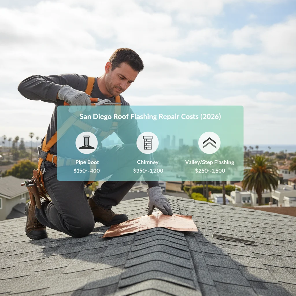 Typical roof flashing repair costs in San Diego for pipe boots, chimneys, and valleys