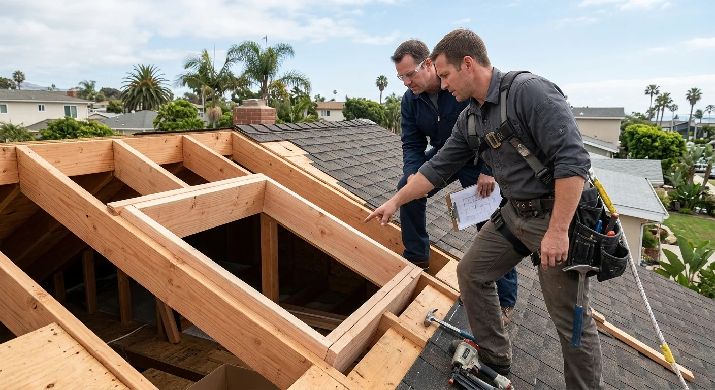 A roofer and project professional reviewing framing near a planned skylight