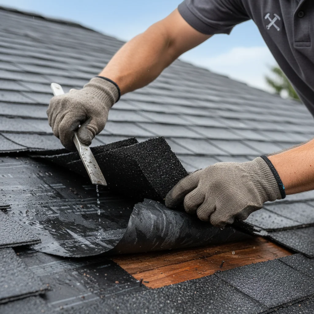 Close-up of a roofer's gloved hands lifting a damaged shingle to expose the underlayment beneath