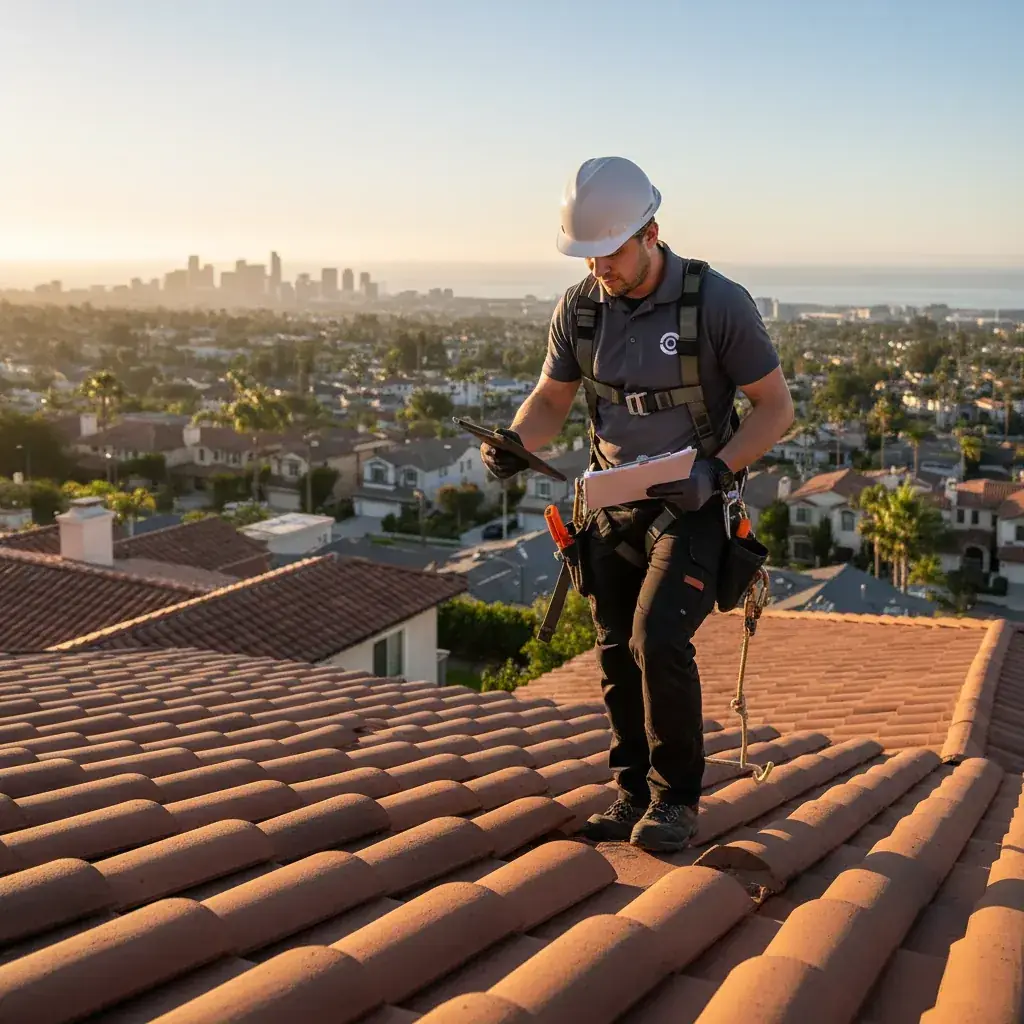 A roofer presenting a written roof inspection report to a homeowner at a San Diego home, with the printed document and photos visible on the table