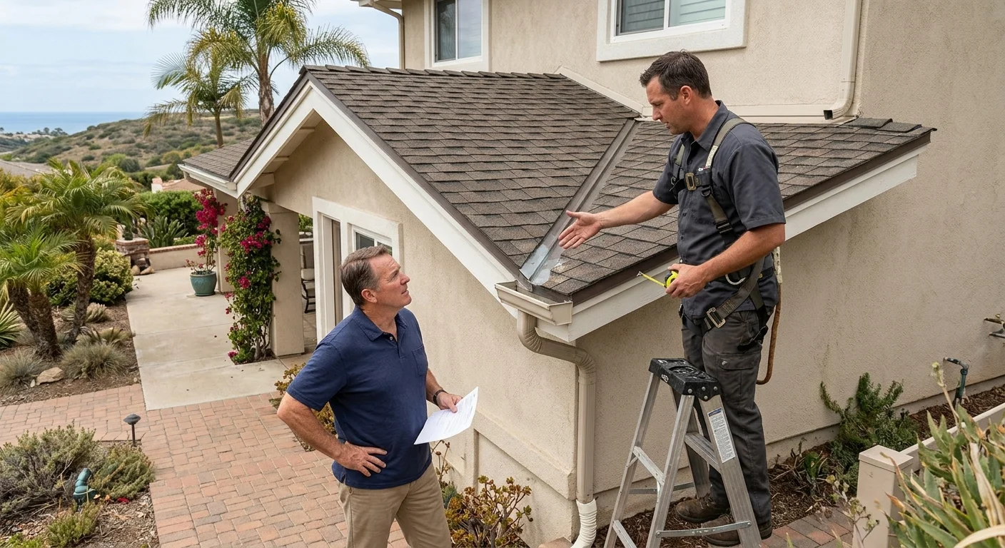 A Carlsbad homeowner speaking with an independent roofer beside a coastal North County home