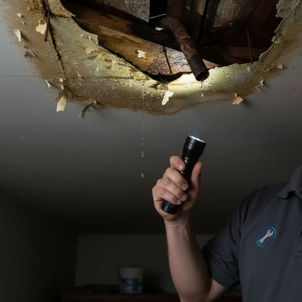 Close-up of a water stain on a ceiling beneath a roof leak, paint peeling, flash