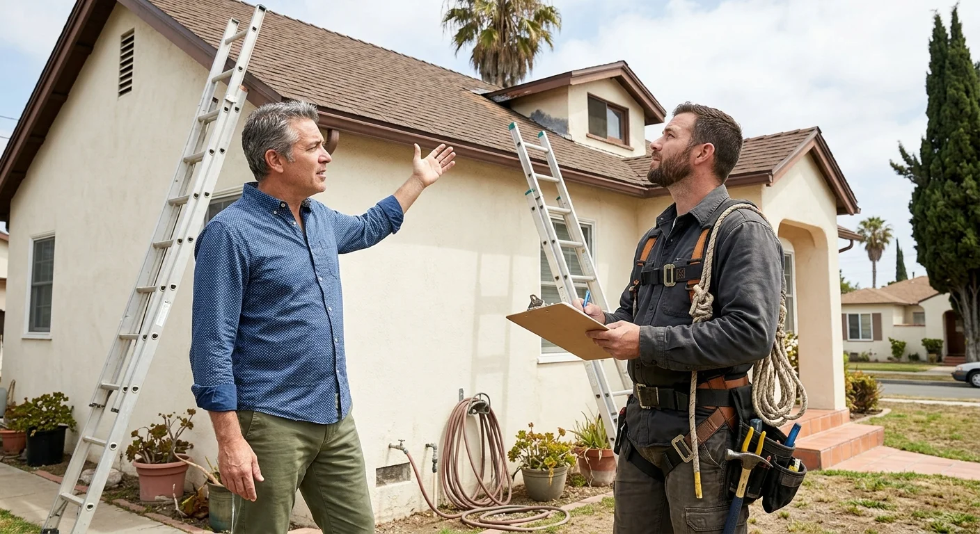 Imperial Beach homeowner discussing a suspected roof leak with an independent roofer
