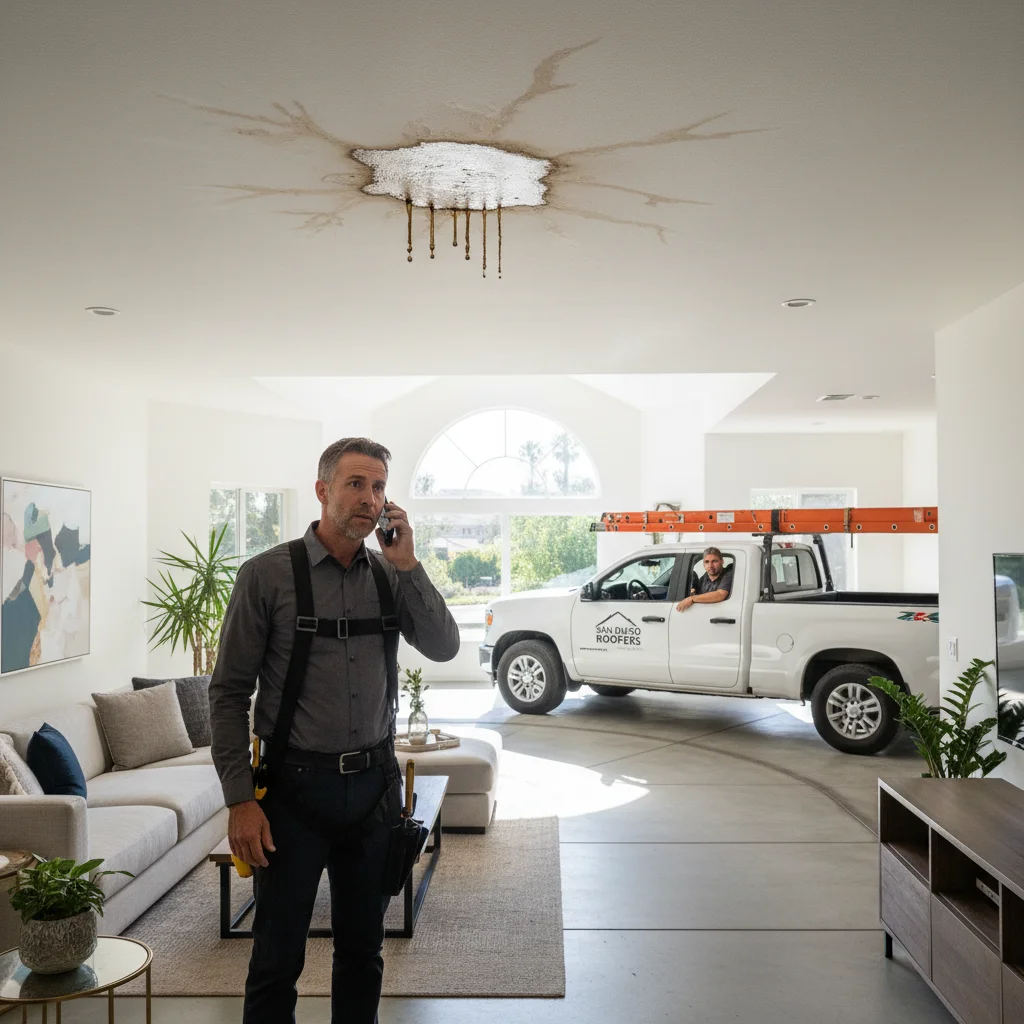 San Diego homeowner calling a roofer while a wet ceiling stain forms above