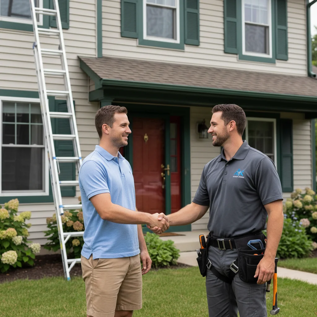 A roofer in a branded shirt shaking hands with a homeowner at the front door, la
