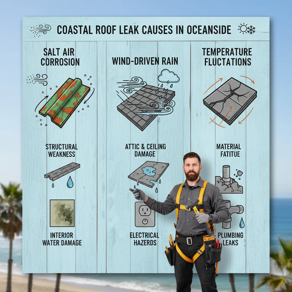 An infographic illustrating the top unique causes of roof leaks in Oceanside's coastal homes, including salt air corrosion, wind-driven rain, and temperature fluctuations.