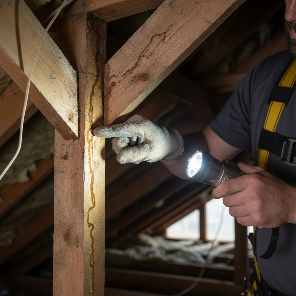 A roofer's hand tracing water stains on an attic rafter with a flashlight.