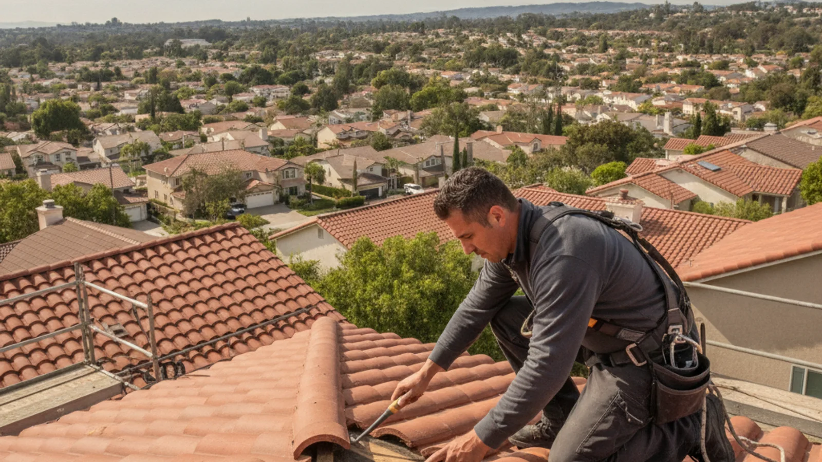 A roofer in a safety harness working on the concrete tile roof of a hillside Scripps Ranch home, with the tile-roofed neighborhood and tree canopy spread out below.