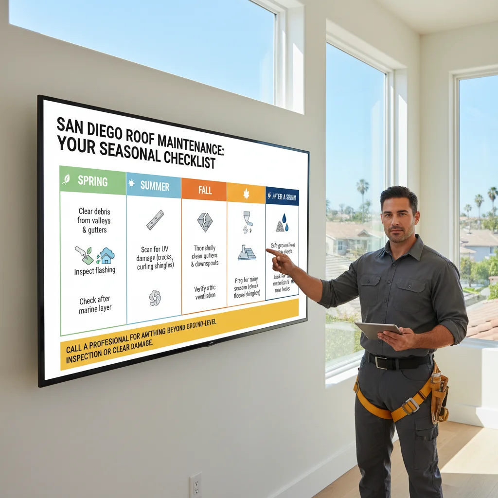 A visual summary of seasonal roof maintenance tasks for San Diego homeowners, including cleaning, inspections, and professional checks.