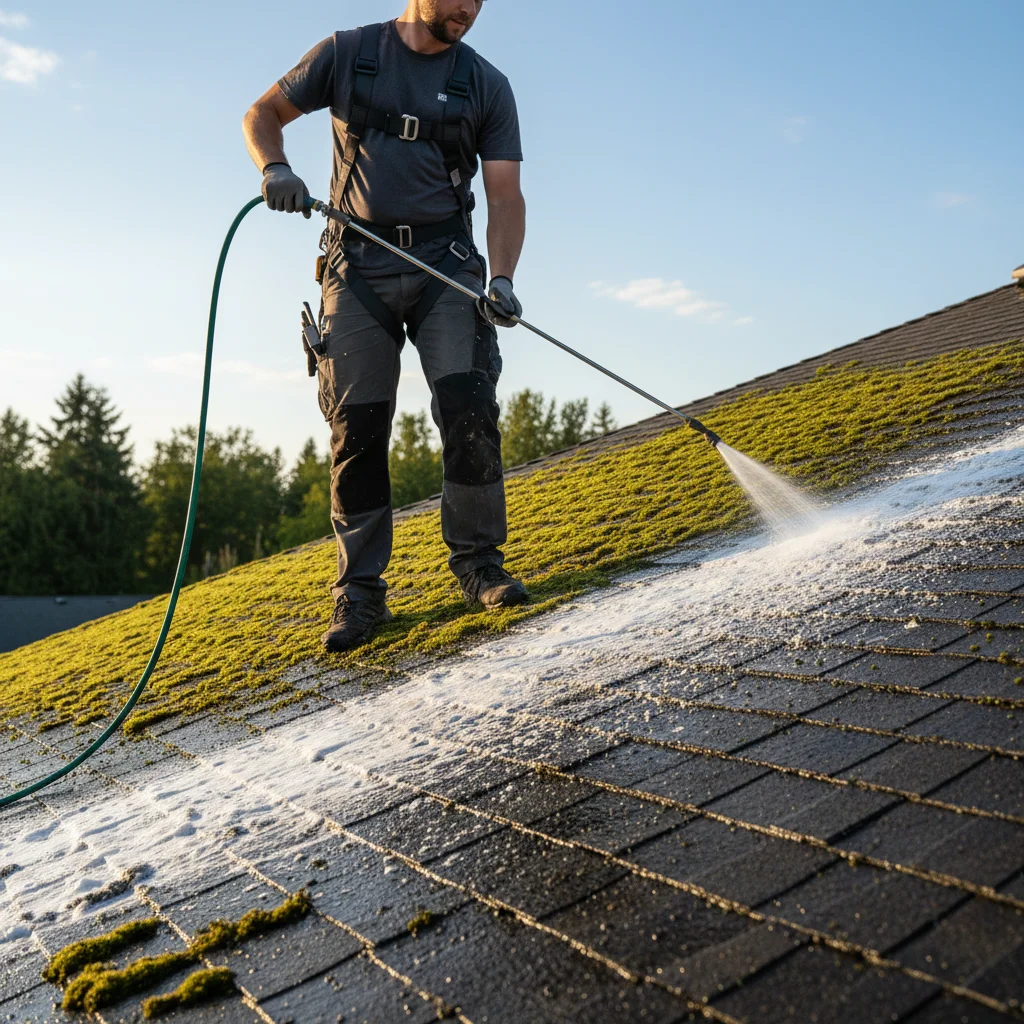 A roofing professional using a low-pressure soft wash sprayer to treat roof moss.