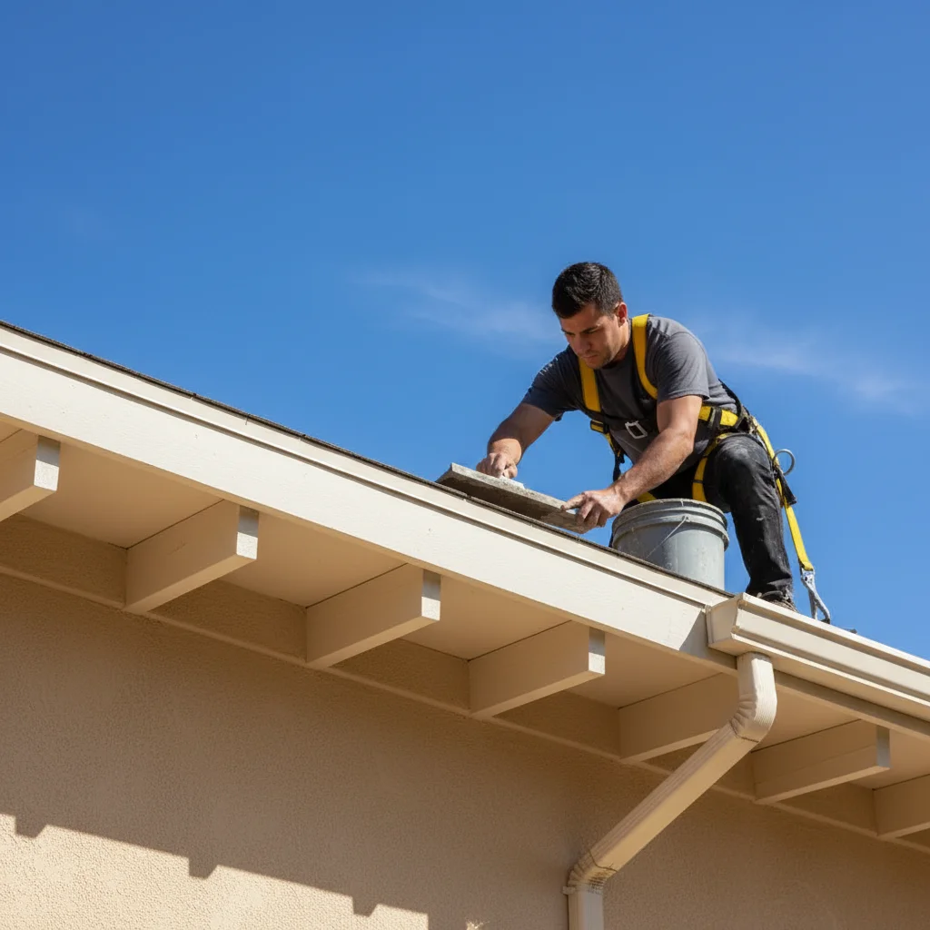Close-up of a wide stucco roof overhang on a San Diego home with exposed rafter tails painted white, blue sky overhead.