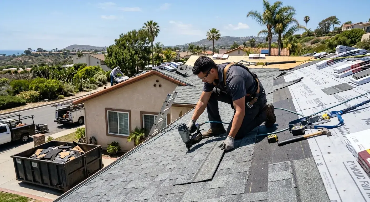 A roofing crew tearing off old asphalt shingles down to the deck on a San Diego home, with the new underlayment partially visible on a completed section