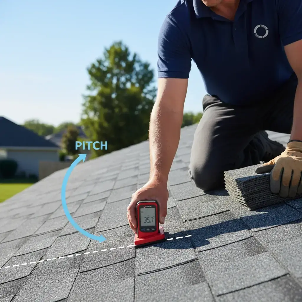 Roofer using a digital pitch gauge against shingles on a sloped roof
