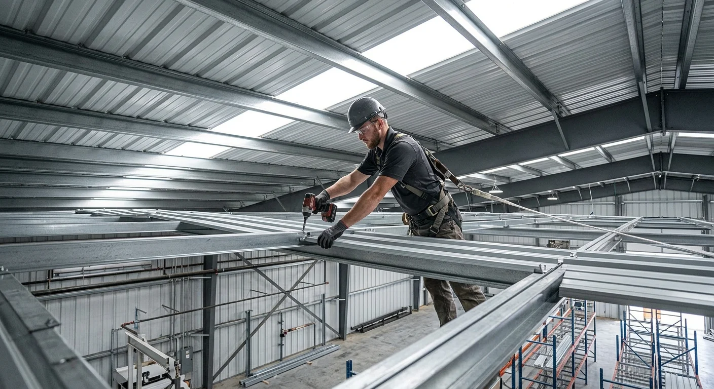 Interior of a metal building showing roof purlins and panels
