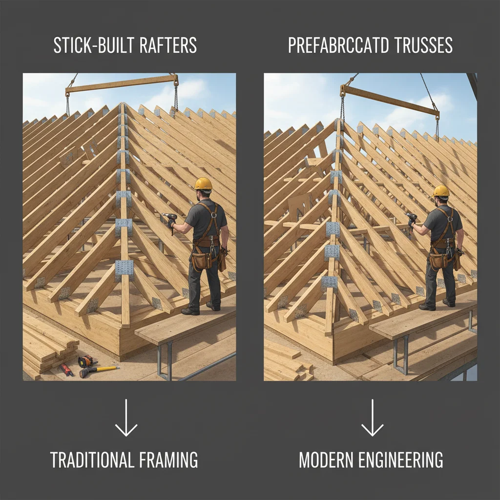 Side-by-side illustration: stick-built rafters on the left, prefabricated trusse