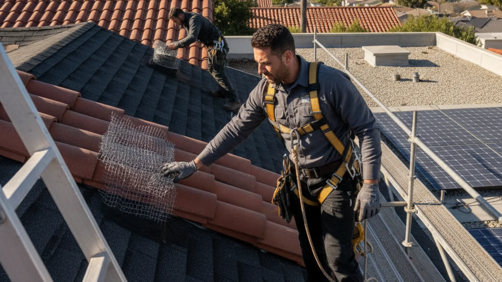 Two roofers in safety harnesses on a San Diego home's roof fitting metal hardware-cloth mesh along the roofline to seal out roof rats, with tile roofs and solar panels behind them.