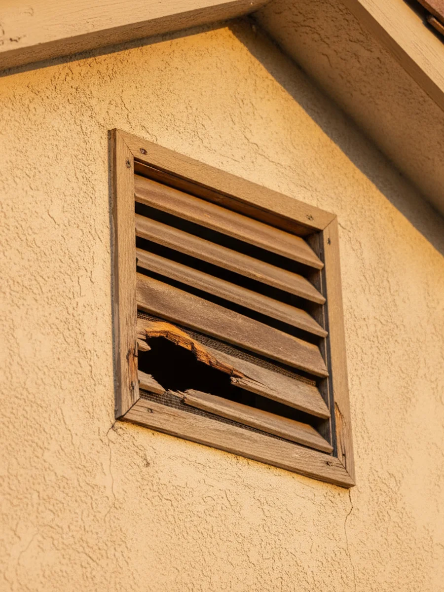 An unscreened attic gable vent on a San Diego house with a corner of the mesh chewed open, a common roof rat entry point.